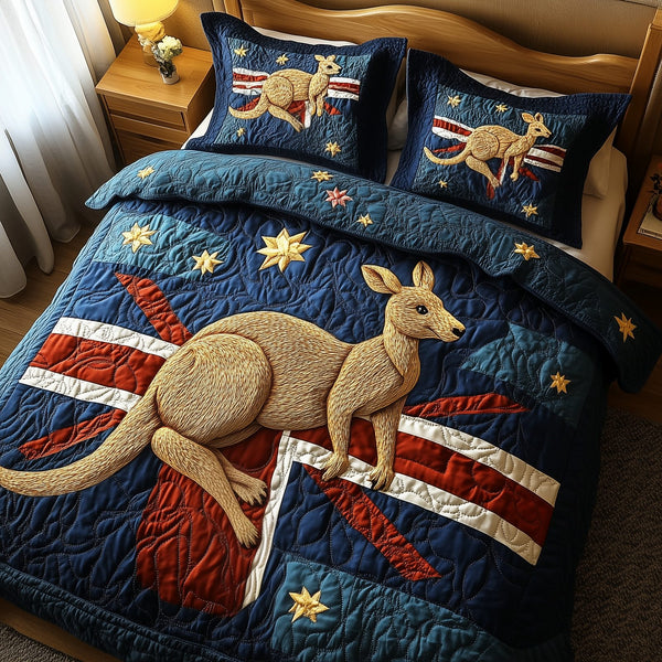 Happy Australia Day quilted 3-piece bedding set on a made bed with two matching pillow shams