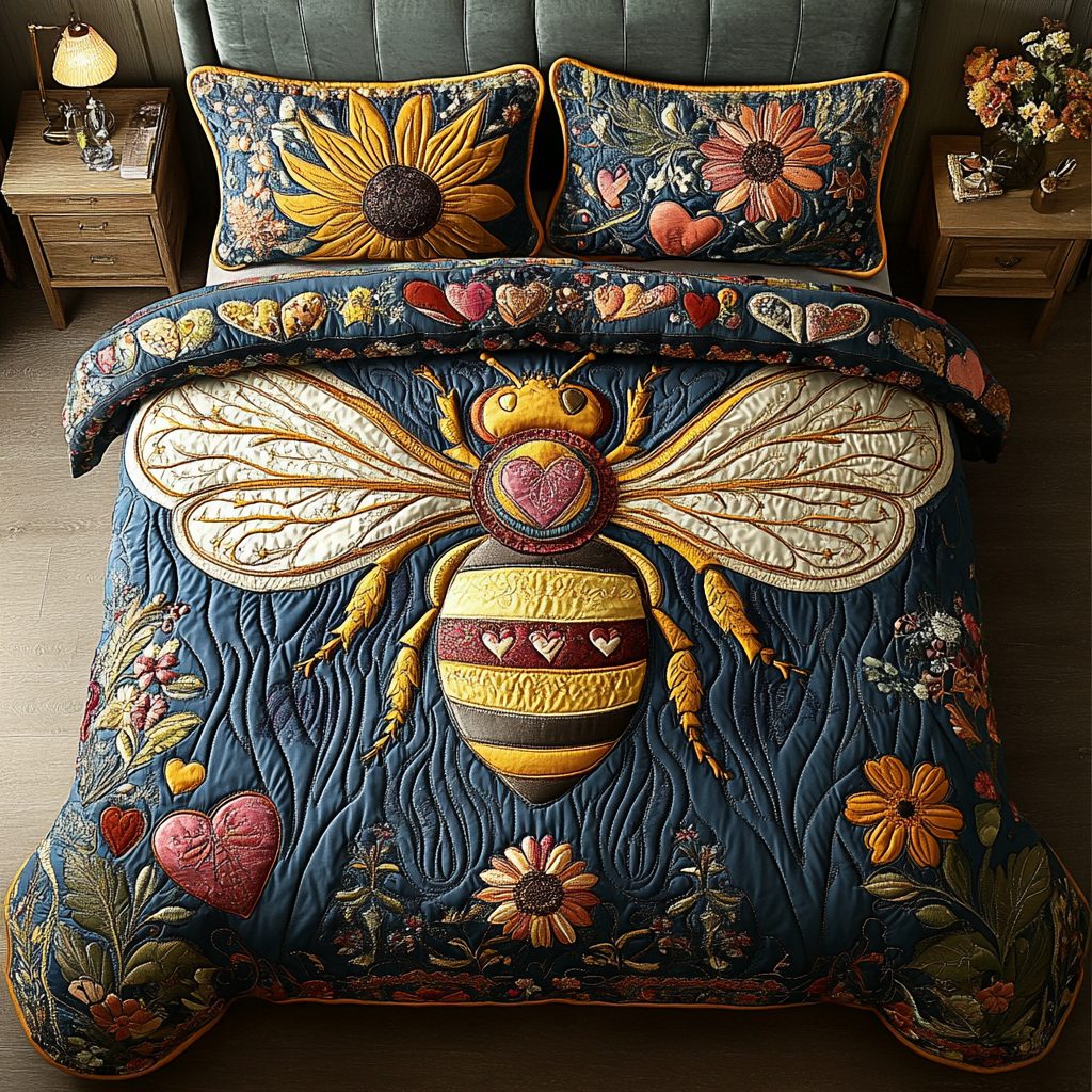 Happy Bee quilted 3-piece bedding set on a made bed with two matching pillow shams
