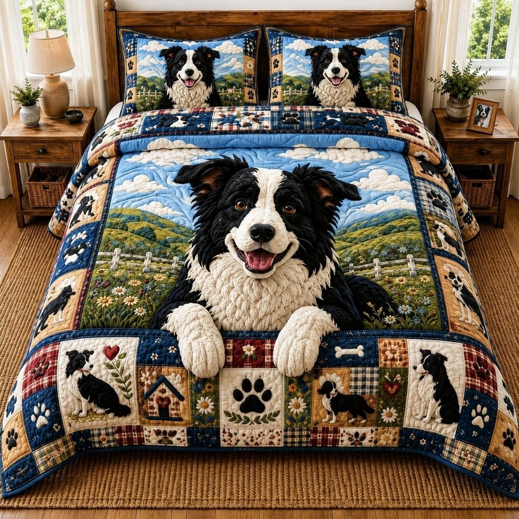 Happy Border Collie quilted 3-piece bedding set on a made bed with two matching pillow shams