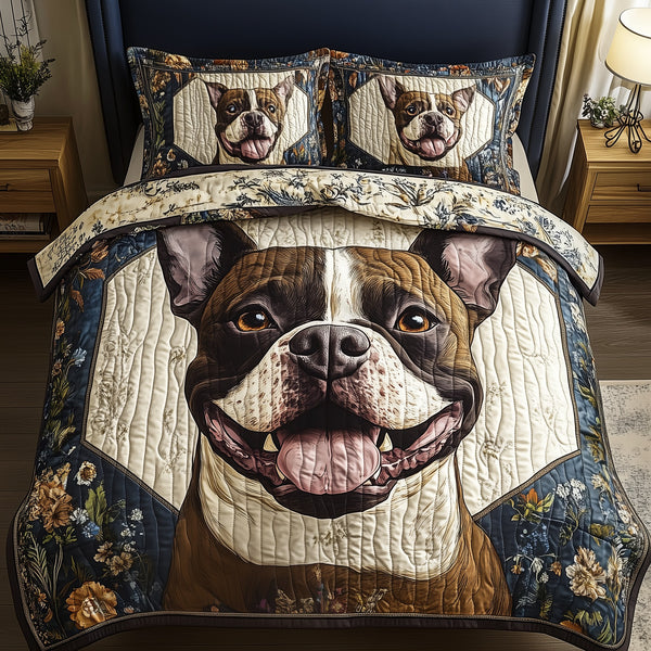 Happy Bullie quilted 3-piece bedding set on a made bed with two matching pillow shams