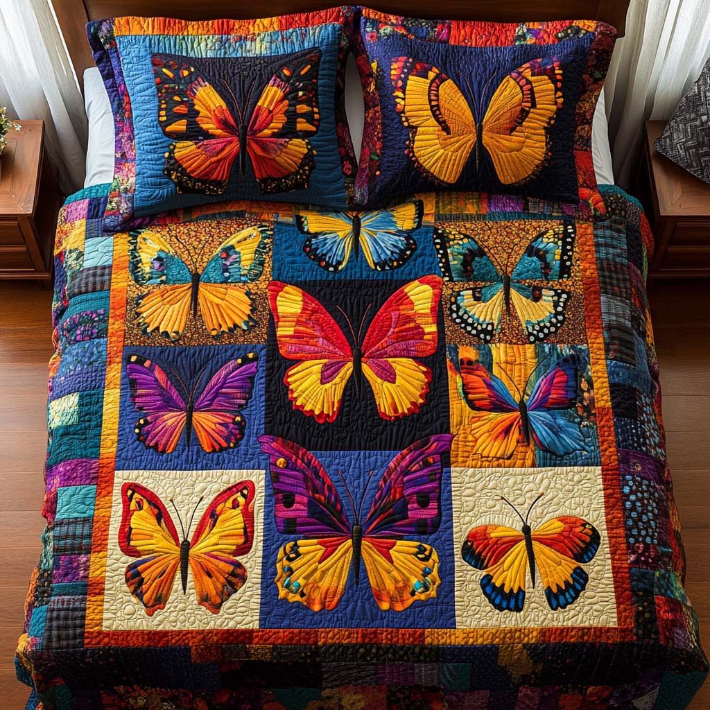 Happy Butterfly Spirit quilted 3-piece bedding set on a made bed with two matching pillow shams