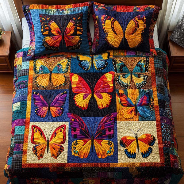 Happy Butterfly Spirit quilted 3-piece bedding set on a made bed with two matching pillow shams