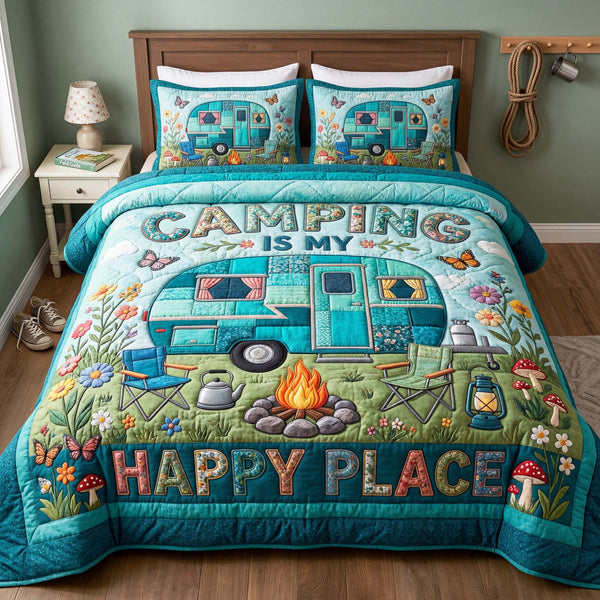 Happy Camper quilted 3-piece bedding set on a made bed with two matching pillow shams
