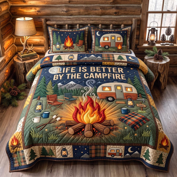 Happy Campers quilted 3-piece bedding set on a made bed with two matching pillow shams