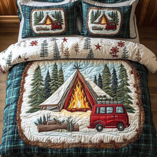 Happy Campers quilted 3-piece bedding set on a made bed with two matching pillow shams