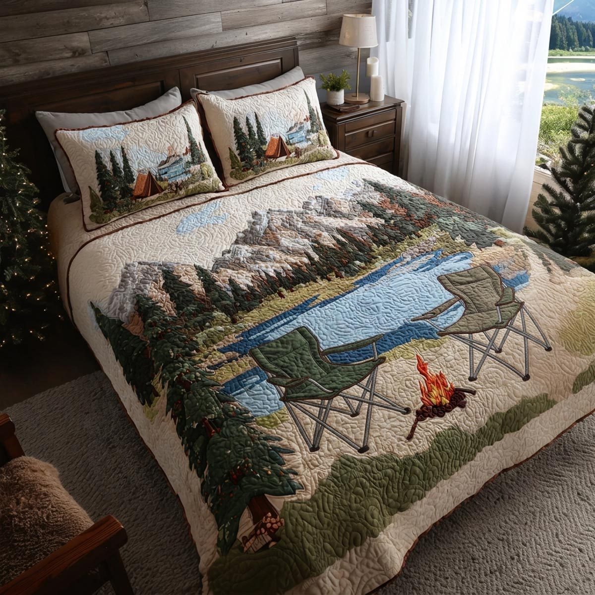 Happy Campers quilted 3-piece bedding set on a made bed with two matching pillow shams