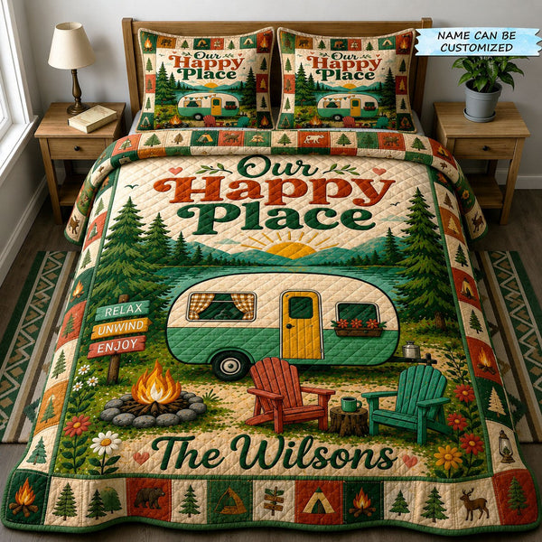 Happy Camping 3-Piece Quilted Bedding Set quilted 3-piece bedding set on a made bed with two matching pillow shams