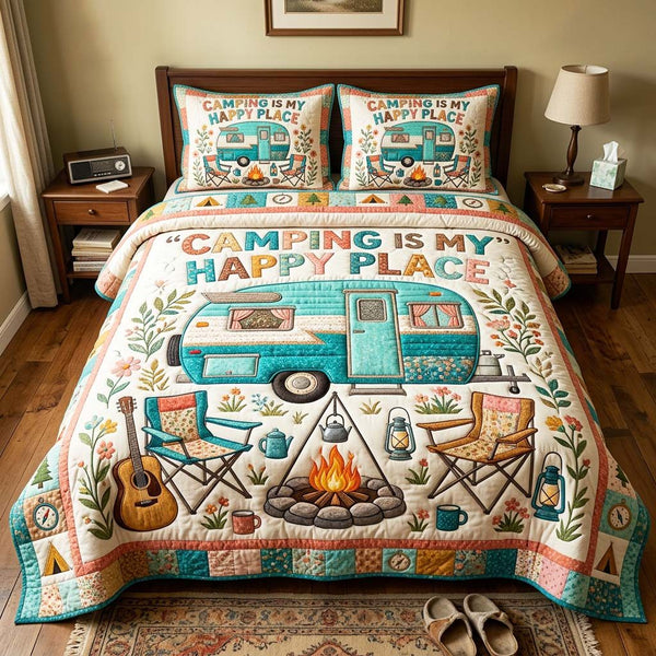 Happy Camping quilted 3-piece bedding set on a made bed with two matching pillow shams