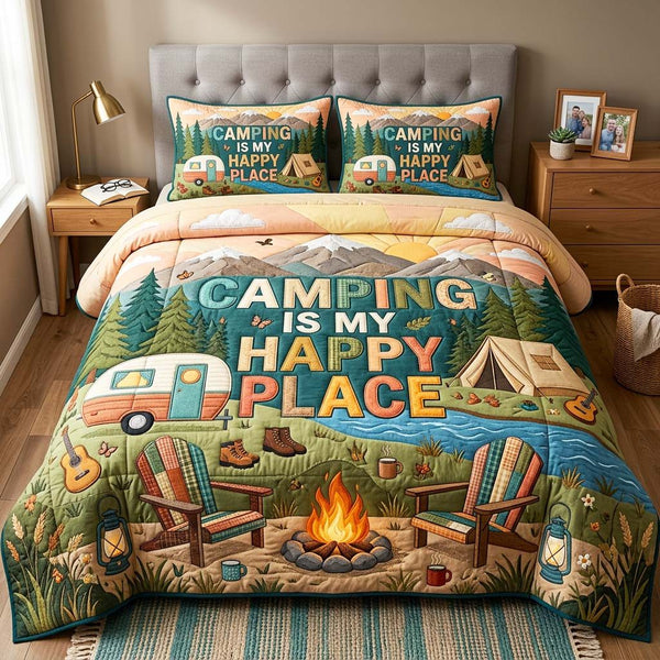 Happy Camping quilted 3-piece bedding set on a made bed with two matching pillow shams