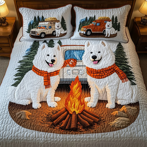 Happy Camping Samoyed quilted 3-piece bedding set on a made bed with two matching pillow shams