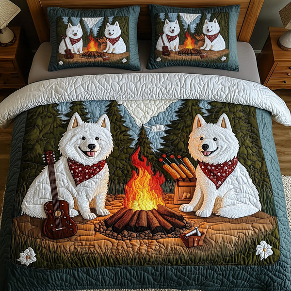 Happy Camping Samoyed quilted 3-piece bedding set on a made bed with two matching pillow shams