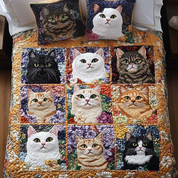 Happy Cat Parade quilted 3-piece bedding set on a made bed with two matching pillow shams