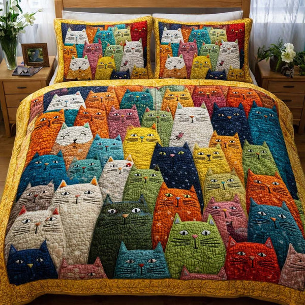 Happy Cats quilted 3-piece bedding set on a made bed with two matching pillow shams