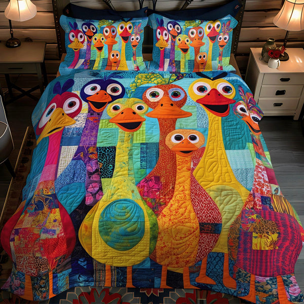 Happy Duck Village quilted 3-piece bedding set on a made bed with two matching pillow shams