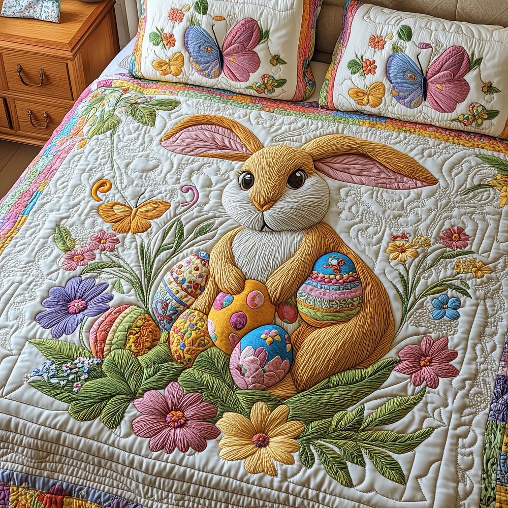 Happy Easter Day quilted 3-piece bedding set on a made bed with two matching pillow shams