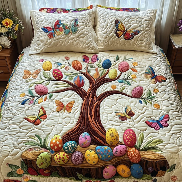 Happy Easter Day quilted 3-piece bedding set on a made bed with two matching pillow shams