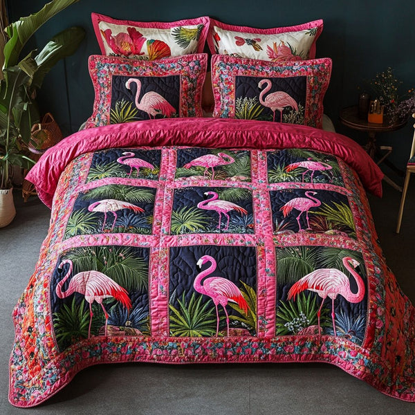Happy Flamingo quilted 3-piece bedding set on a made bed with two matching pillow shams