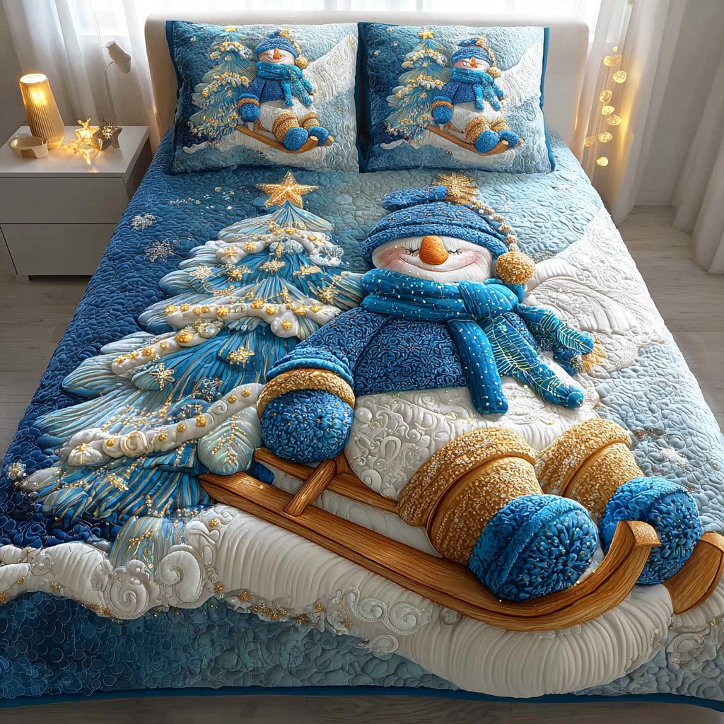 Happy Frost Garden quilted 3-piece bedding set on a made bed in a winter-styled bedroom