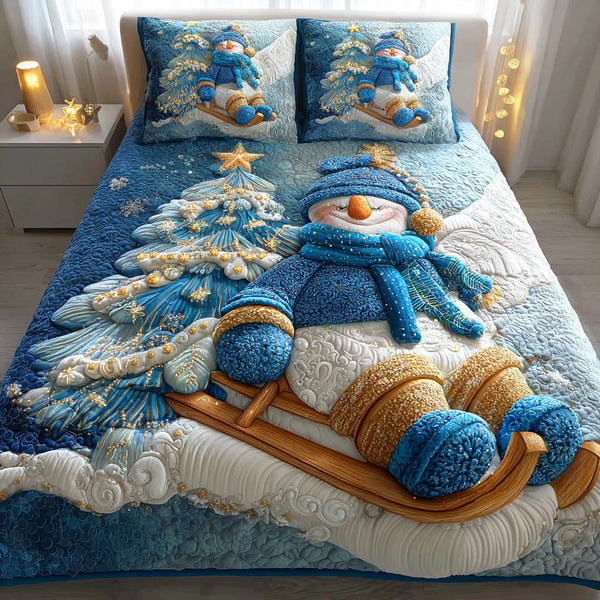 Happy Frost Garden quilted 3-piece bedding set on a made bed in a winter-styled bedroom