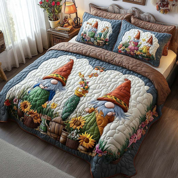 Happy Garden Gnome quilted 3-piece bedding set on a made bed in a winter-styled bedroom