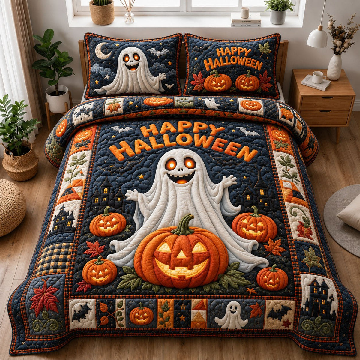 Happy Halloween Ghost Pumpkin quilted 3-piece bedding set on a made bed against a dark styled interior