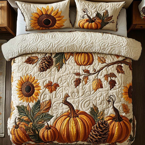 Happy Harvest Trail quilted 3-piece bedding set on a made bed with two matching pillow shams