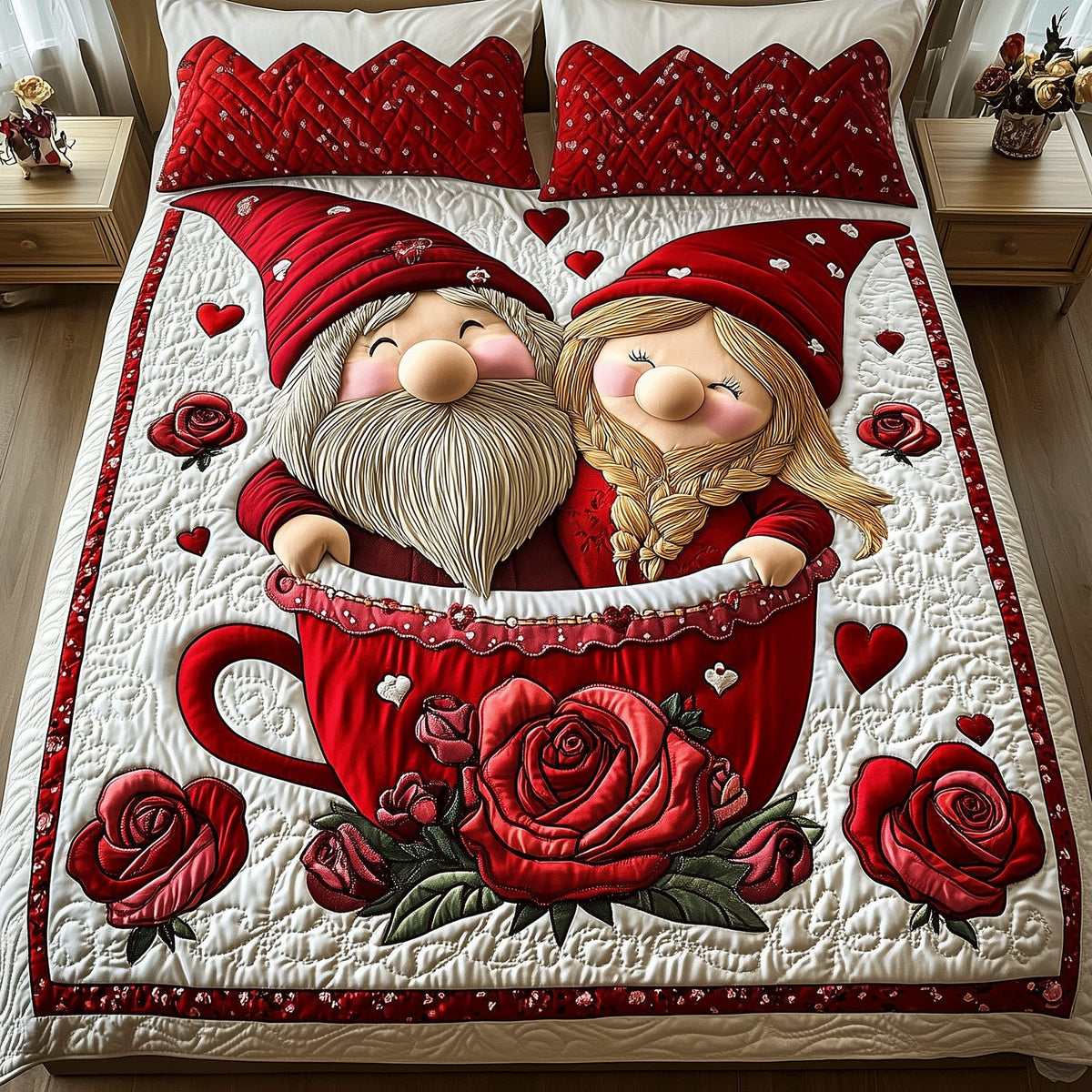 Happy Hearts Gnome quilted 3-piece bedding set on a made bed in a winter-styled bedroom