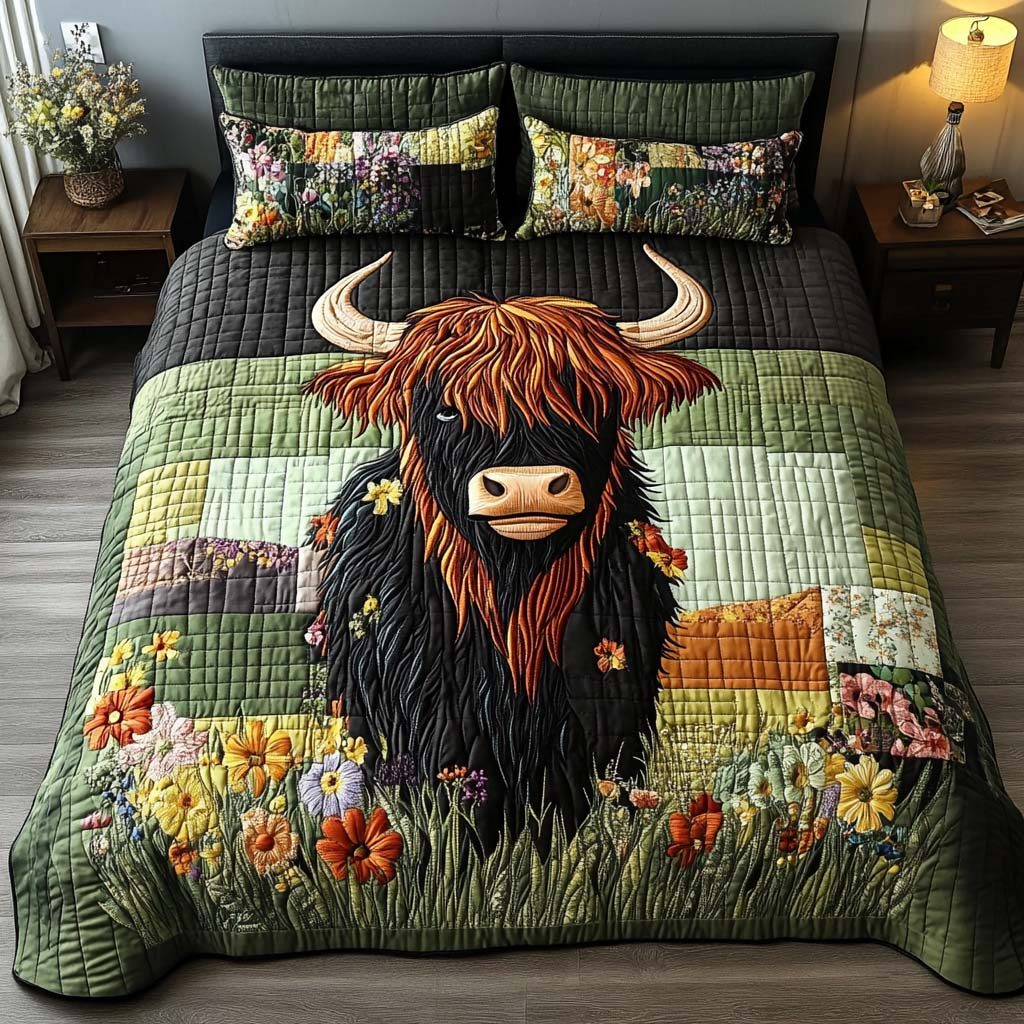 Happy Highland Days quilted 3-piece bedding set on a made bed with two matching pillow shams