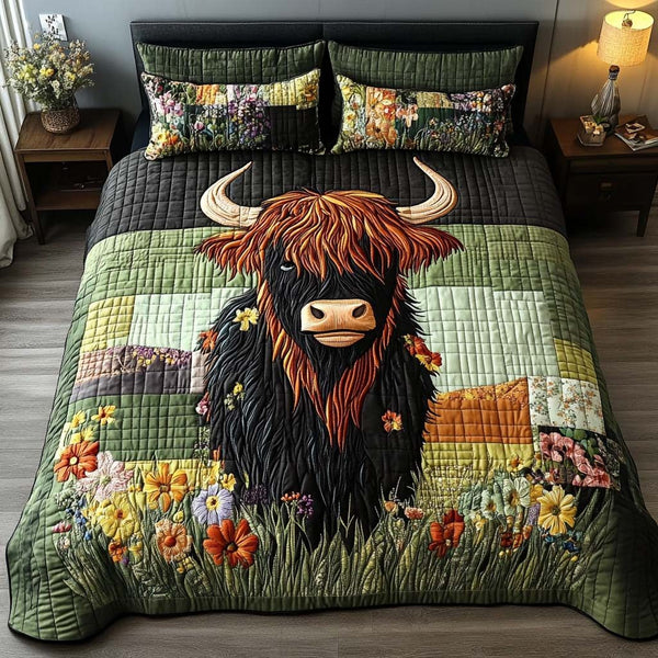 Happy Highland Days quilted 3-piece bedding set on a made bed with two matching pillow shams