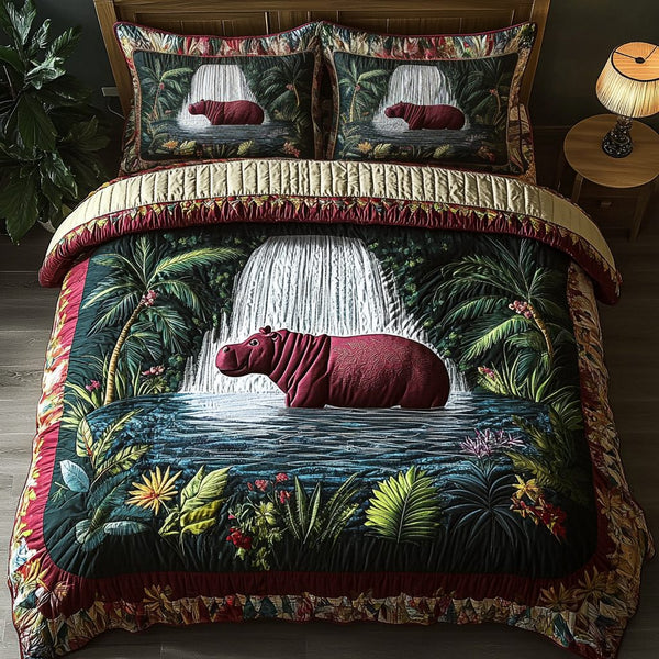 Happy Hippo quilted 3-piece bedding set on a made bed with two matching pillow shams