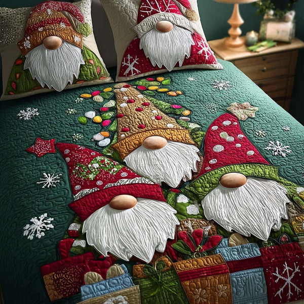 Happy Holidays quilted 3-piece bedding set on a made bed in a winter-styled bedroom