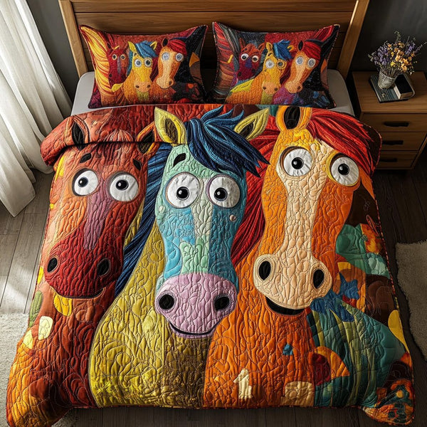 Happy Hooves quilted 3-piece bedding set on a made bed with two matching pillow shams