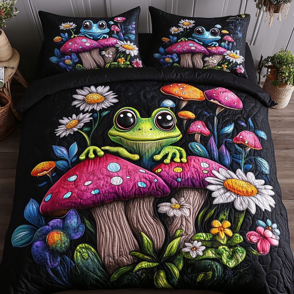 Happy Hoppers quilted 3-piece bedding set on a made bed with two matching pillow shams