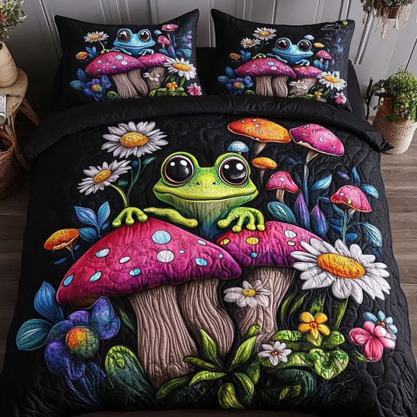Happy Hoppers quilted 3-piece bedding set on a made bed with two matching pillow shams