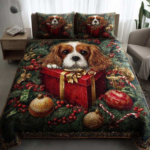 Happy King Charles quilted 3-piece bedding set on a made bed with two matching pillow shams