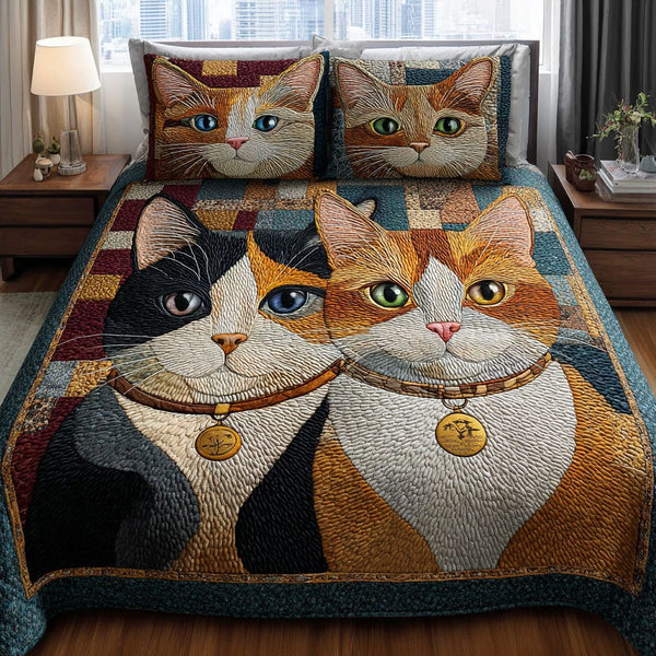 Happy Kitties quilted 3-piece bedding set on a made bed with two matching pillow shams