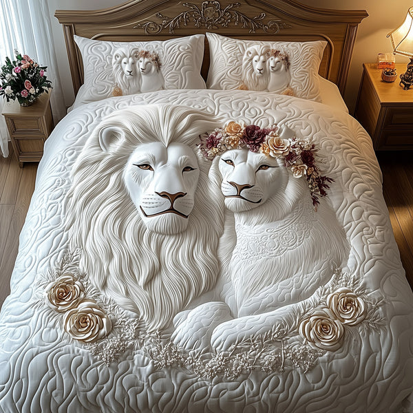 Happy Lion Couple quilted 3-piece bedding set on a made bed with two matching pillow shams