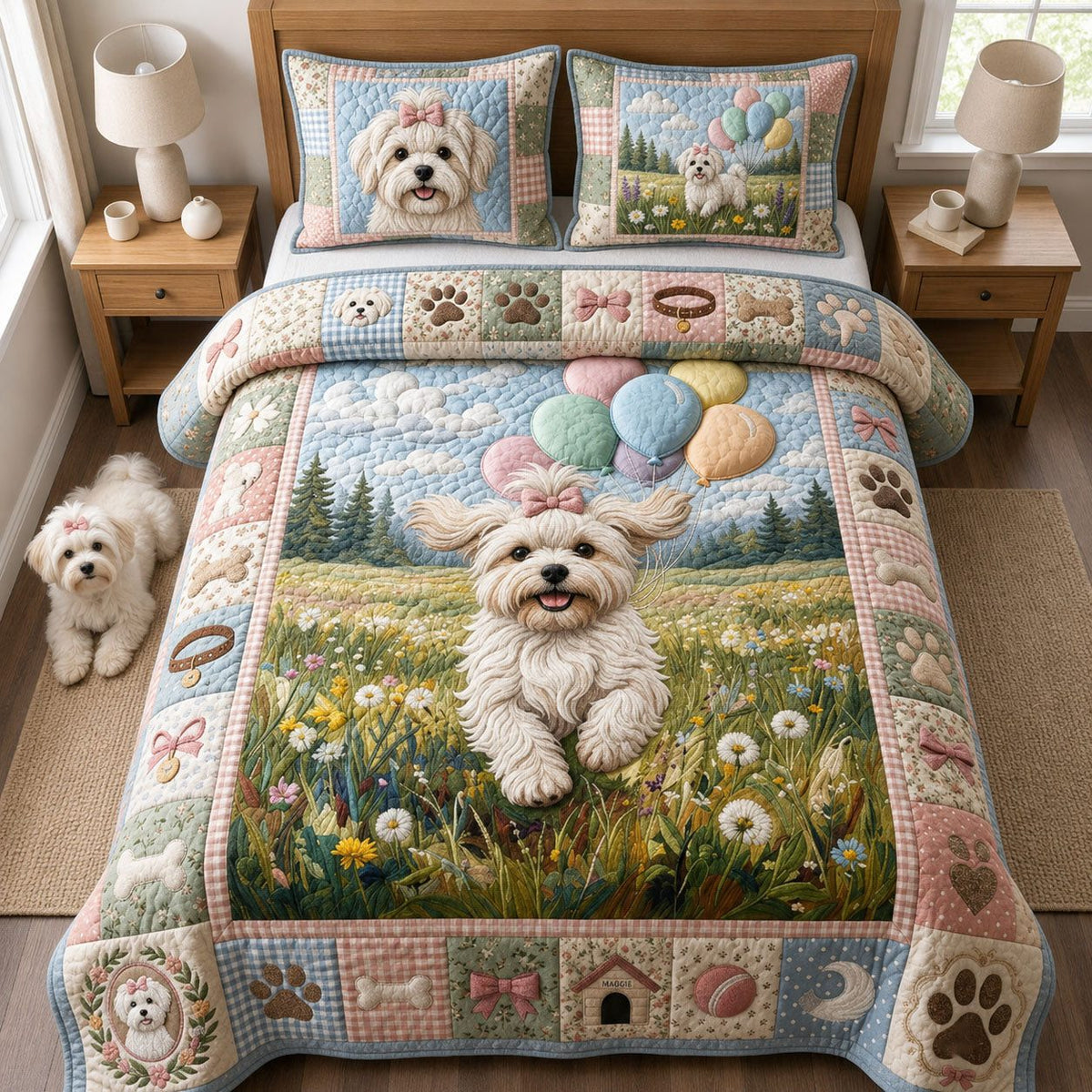 Happy Maltese quilted 3-piece bedding set on a made bed with two matching pillow shams