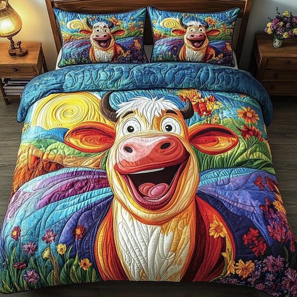 Happy Moo quilted 3-piece bedding set on a made bed with two matching pillow shams