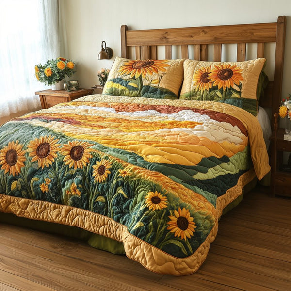 Happy Petals quilted 3-piece bedding set on a made bed with two matching pillow shams