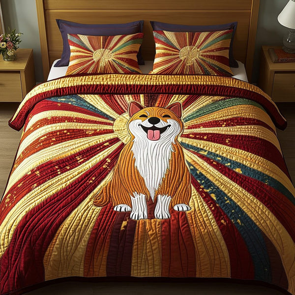 Happy Pup quilted 3-piece bedding set on a made bed with two matching pillow shams