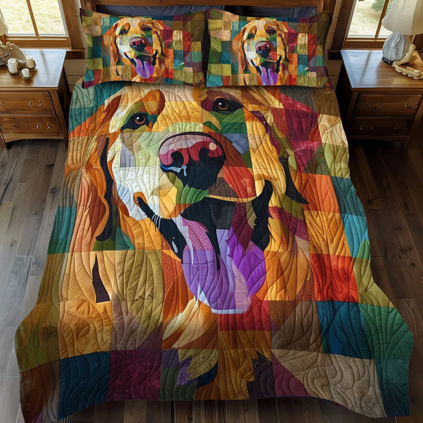Happy Retriever quilted 3-piece bedding set on a made bed with two matching pillow shams