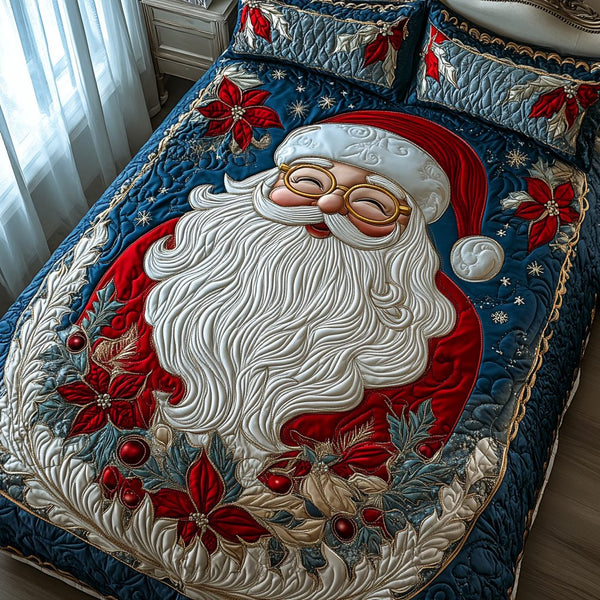 Happy Santa quilted 3-piece bedding set on a made bed in a winter-styled bedroom