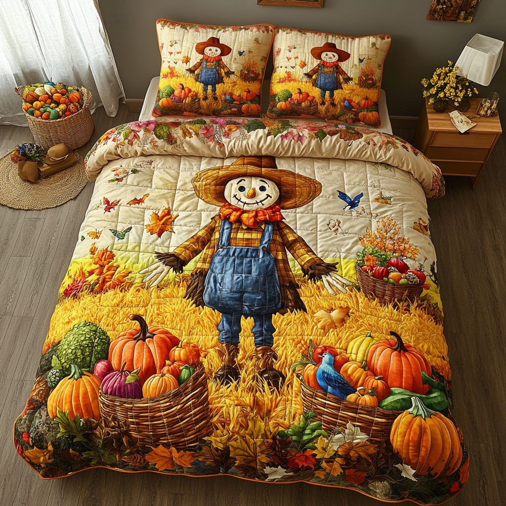 Happy Scarecrow quilted 3-piece bedding set on a made bed with two matching pillow shams