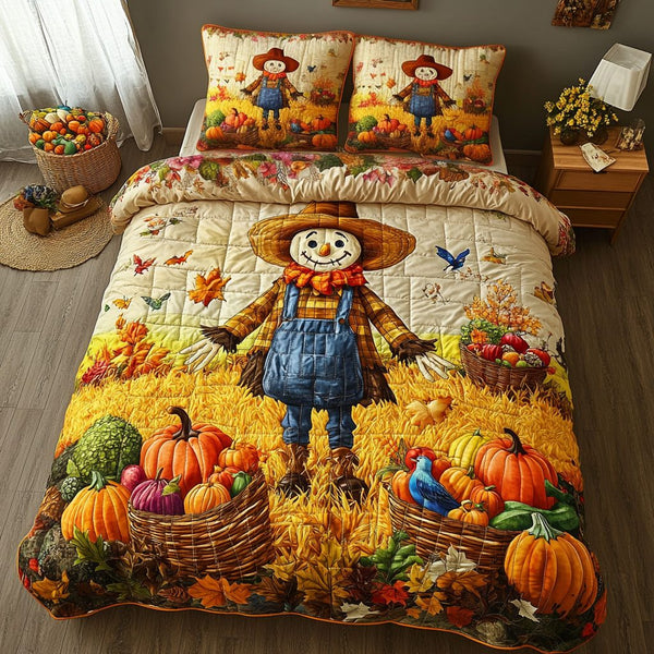 Happy Scarecrow quilted 3-piece bedding set on a made bed with two matching pillow shams