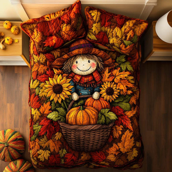 Happy Scarecrow Trail quilted 3-piece bedding set on a made bed with two matching pillow shams