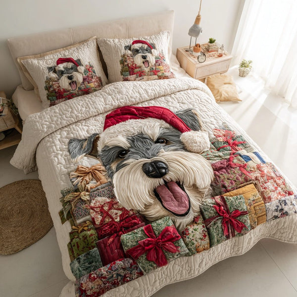 Happy Schnauzer Present quilted 3-piece bedding set on a made bed with two matching pillow shams
