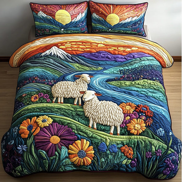 Happy Sheep quilted 3-piece bedding set on a made bed with two matching pillow shams