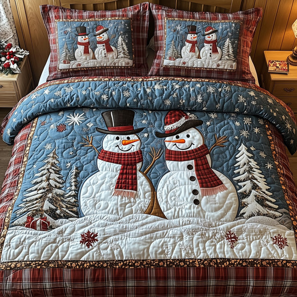 Happy Snowman Couple quilted 3-piece bedding set on a made bed in a winter-styled bedroom