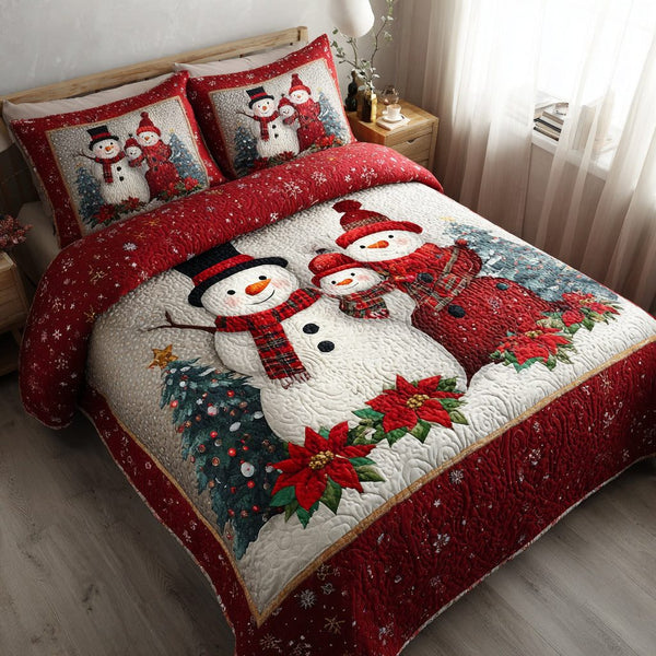 Happy Snowman Family quilted 3-piece bedding set on a made bed in a winter-styled bedroom
